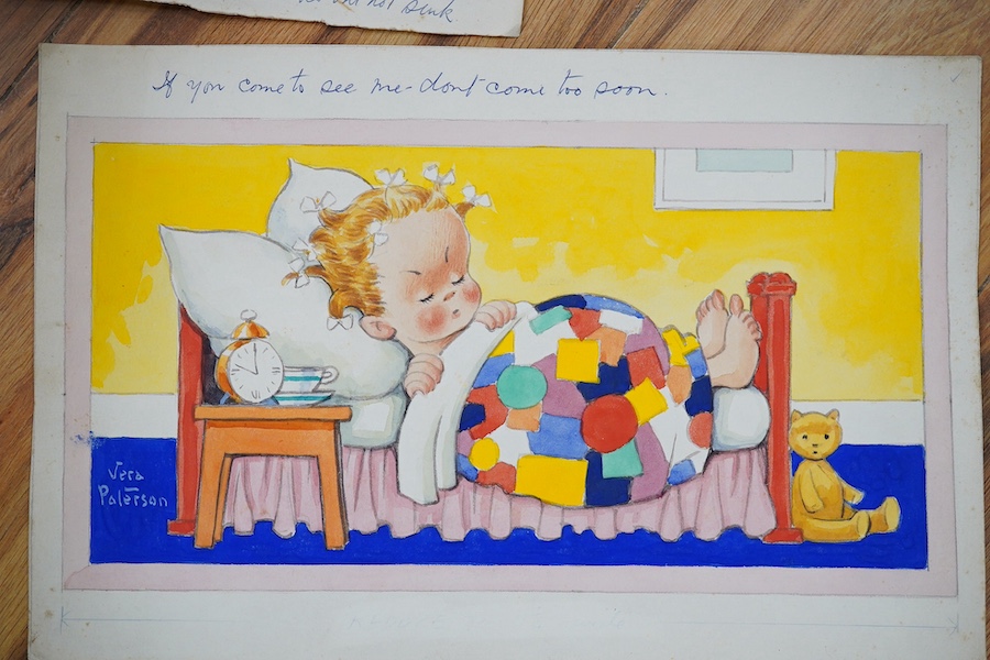 Reg Maurice (Aka. Vera Paterson), four original gouaches on card for postcards, humorous children to include ‘I’m getting used to married life’, each signed with inscriptions to the margins, largest 32 x 23cm, unframed.